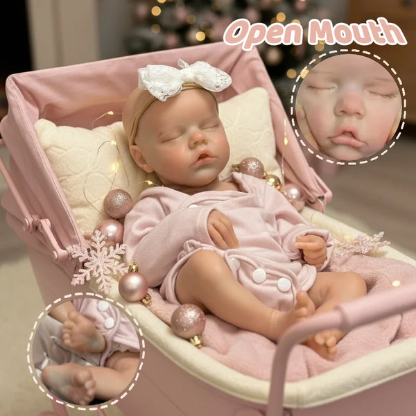 "Avery" – 16" Full Silicone Reborn Baby Girl Doll with Open Mouth, Washable Body & Lifelike Painted Skin