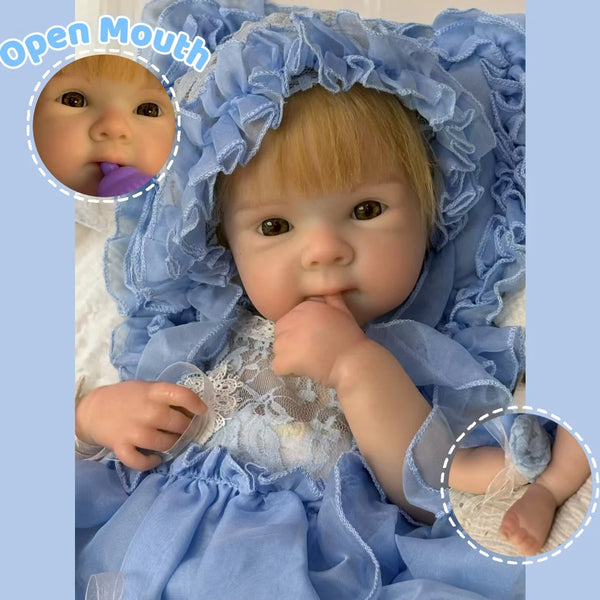 "Bettie" – 18" Full Silicone Reborn Baby Girl Doll with Open Mouth & Hand-Rooted Hair